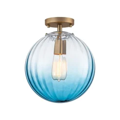 Art Deco 1-Light Blue Ribbed Glass Globe Semi Flush Mount