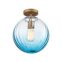 Art Deco 1-Light Blue Ribbed Glass Globe Semi Flush Mount