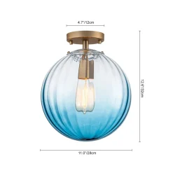 Art Deco 1-Light Blue Ribbed Glass Globe Semi Flush Mount