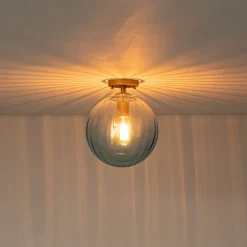 Art Deco 1-Light Blue Ribbed Glass Globe Semi Flush Mount
