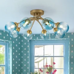 Art Deco 8-Light Sputnik Blue Glass Bubble Semi Flush Mount