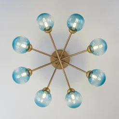 Art Deco 8-Light Sputnik Blue Glass Bubble Semi Flush Mount