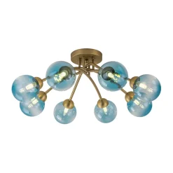 Art Deco 8-Light Sputnik Blue Glass Bubble Semi Flush Mount
