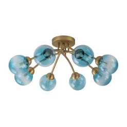 Art Deco 8-Light Sputnik Blue Glass Bubble Semi Flush Mount