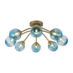 Art Deco 8-Light Sputnik Blue Glass Bubble Semi Flush Mount