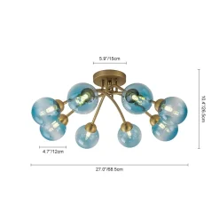 Art Deco 8-Light Sputnik Blue Glass Bubble Semi Flush Mount