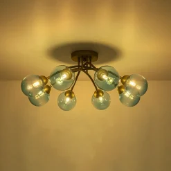 Art Deco 8-Light Sputnik Blue Glass Bubble Semi Flush Mount
