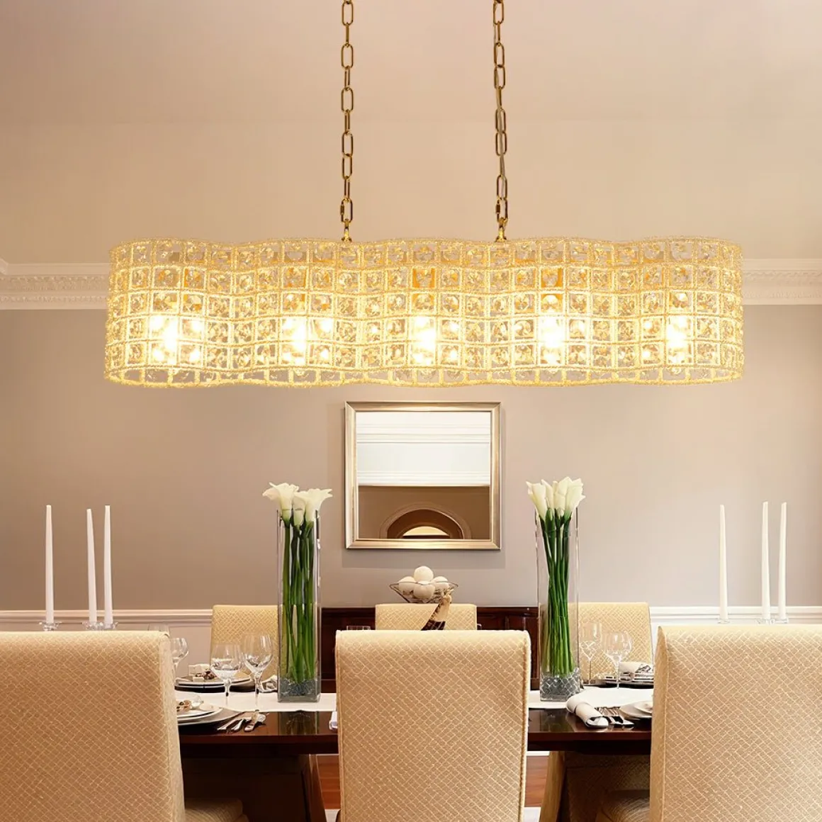 Art Deco Luxury Brass Crystal Linear Cage Island Chandelier
