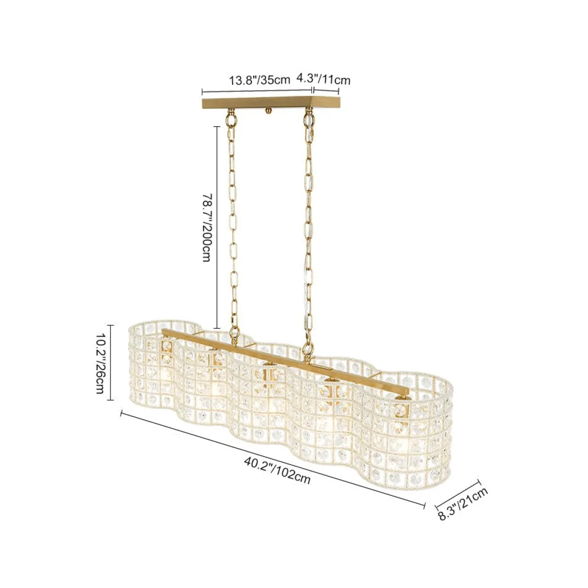 Art Deco Luxury Brass Crystal Linear Cage Island Chandelier
