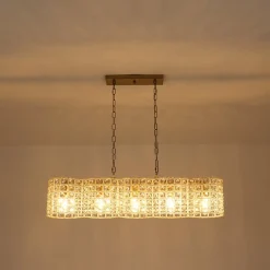 Art Deco Luxury Brass Crystal Linear Cage Island Chandelier
