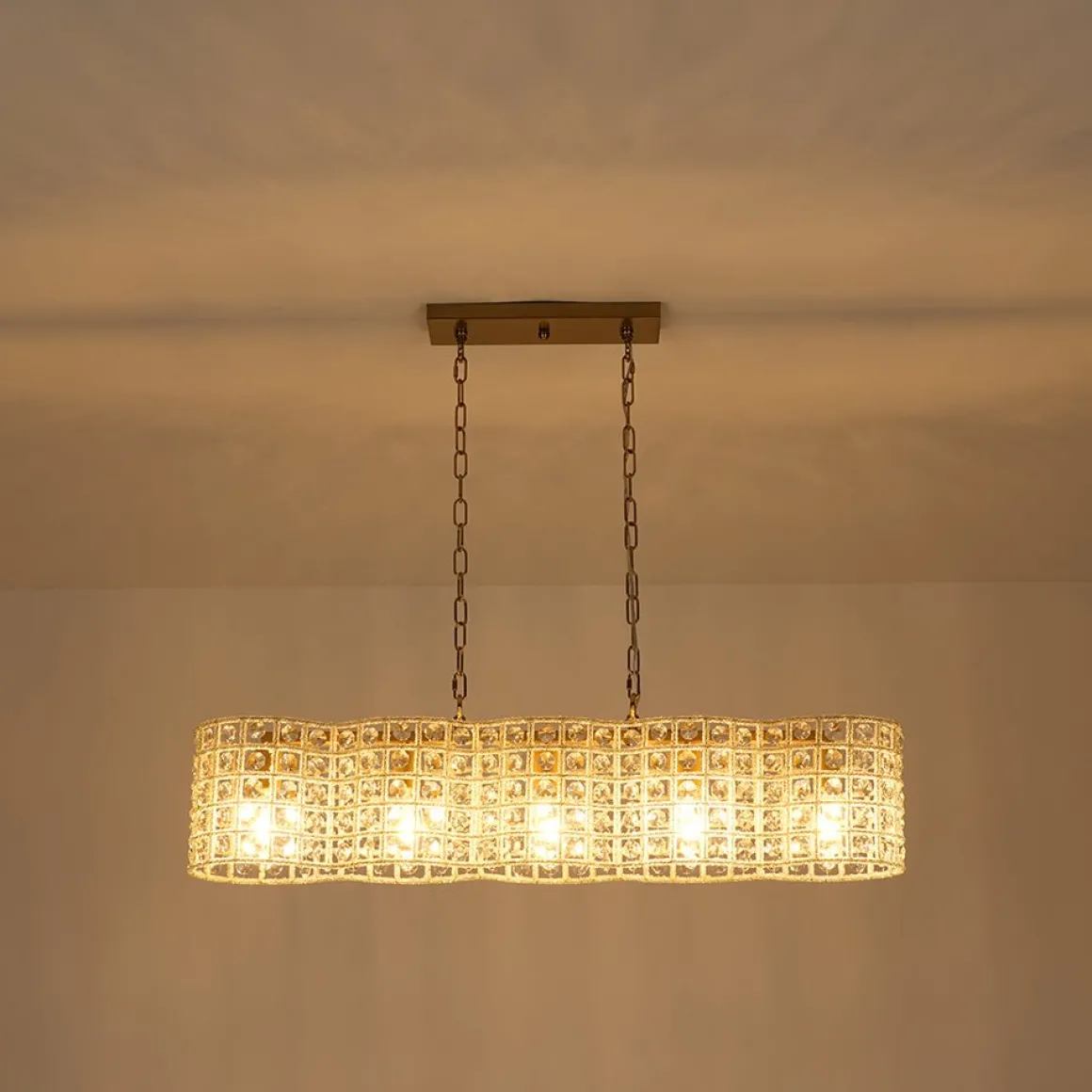 Art Deco Luxury Brass Crystal Linear Cage Island Chandelier