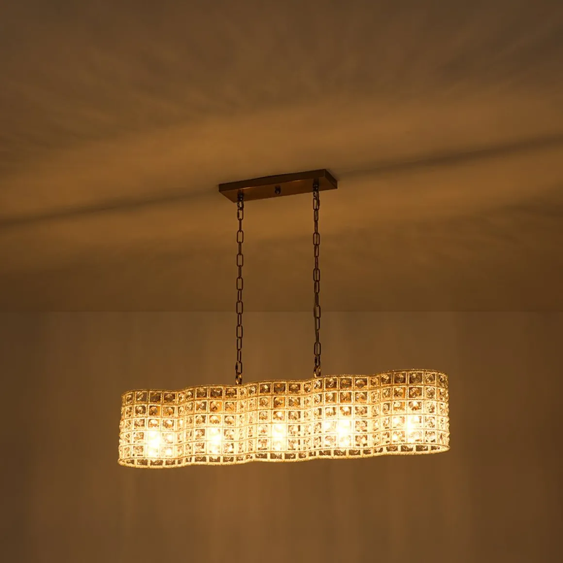 Art Deco Luxury Brass Crystal Linear Cage Island Chandelier