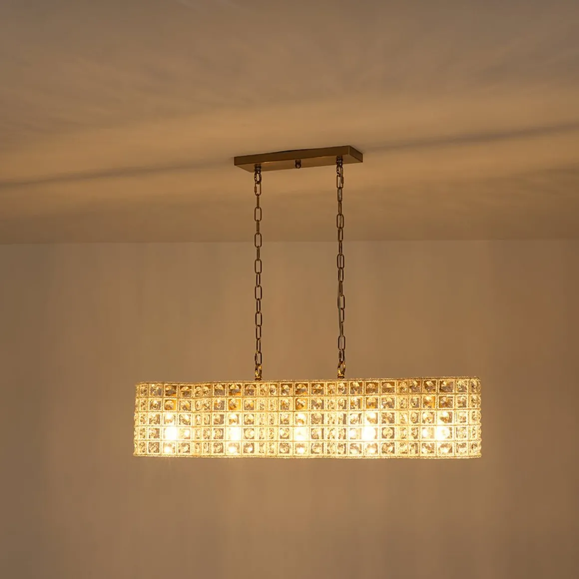 Art Deco Luxury Brass Crystal Linear Cage Island Chandelier
