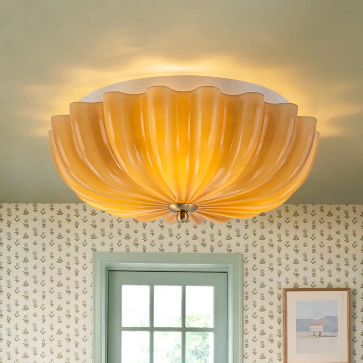 Art Deco Pleated Flower Shine Glass Semi Flush Mount