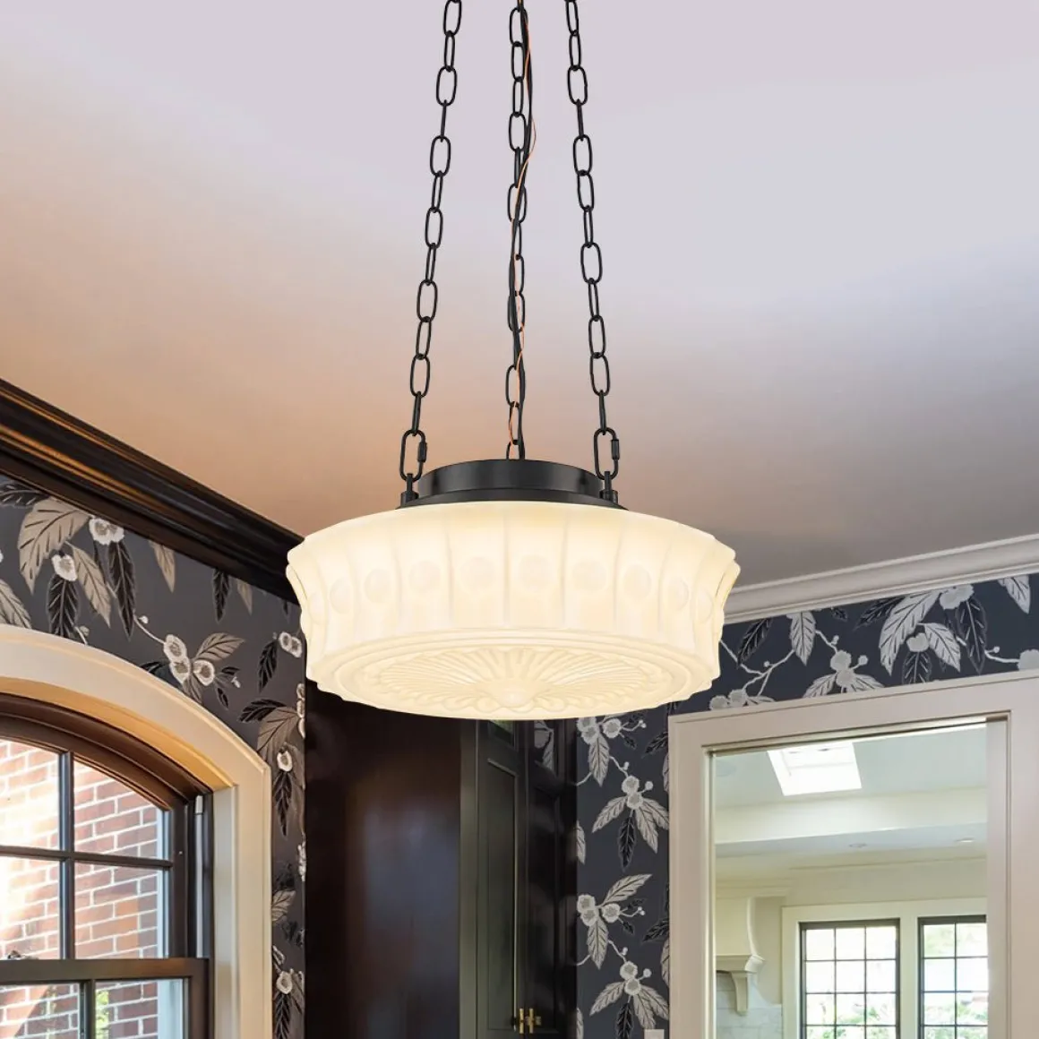 Art Deco Sculptural Milk Glass Schoolhouse LED Pendant