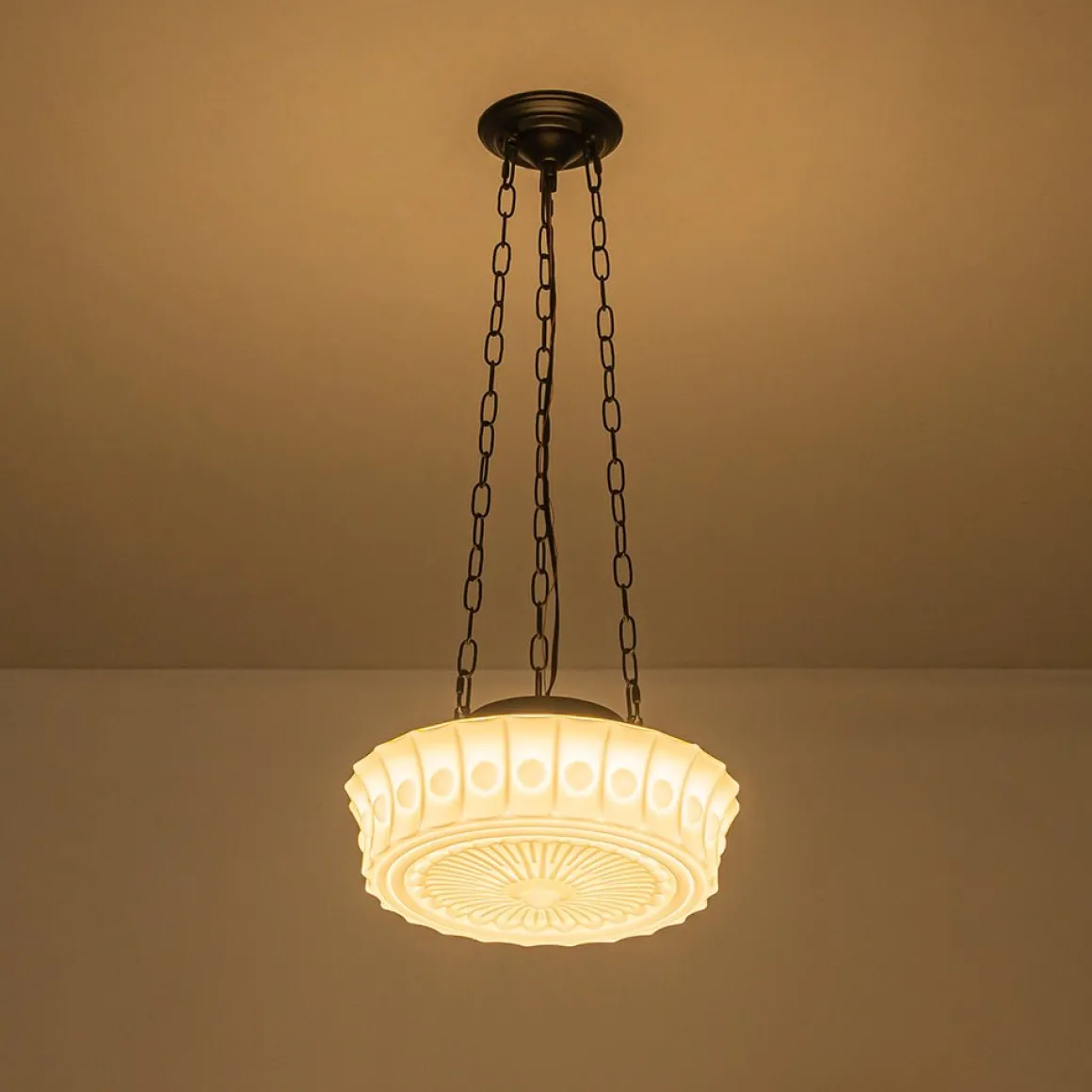 Art Deco Sculptural Milk Glass Schoolhouse LED Pendant