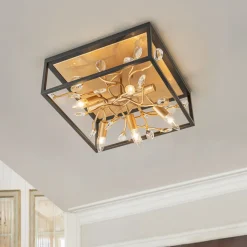Black Brass Crystal Branch Square Lantern Flush Mount Light