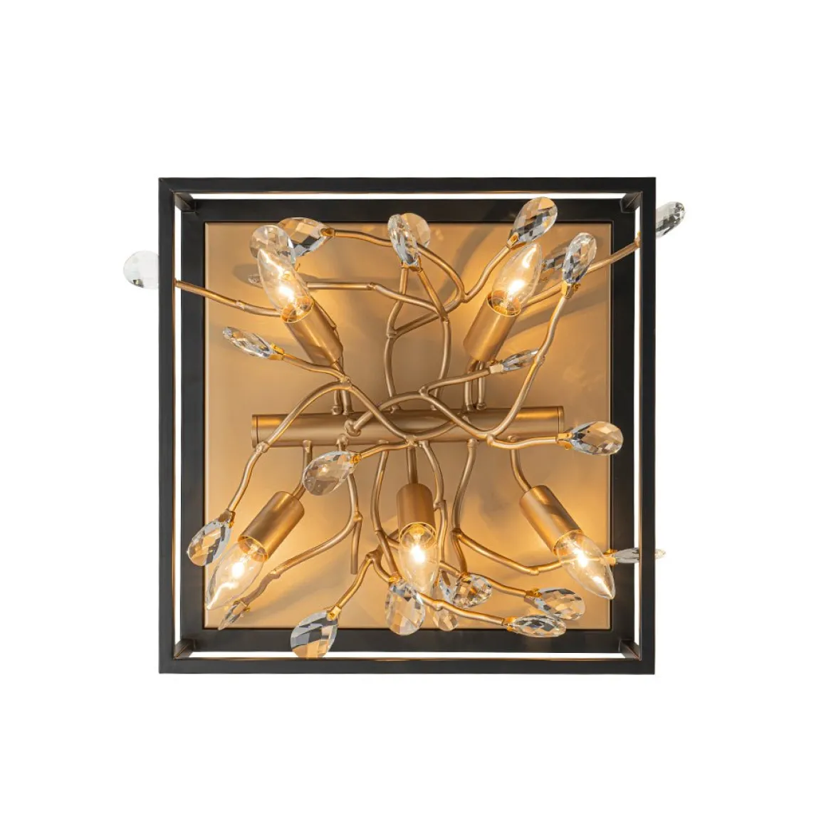 Black Brass Crystal Branch Square Lantern Flush Mount Light