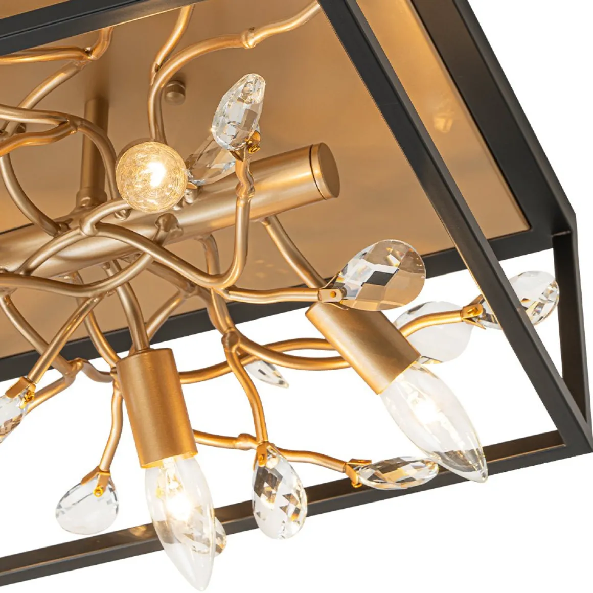 Black Brass Crystal Branch Square Lantern Flush Mount Light