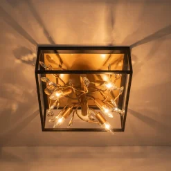 Black Brass Crystal Branch Square Lantern Flush Mount Light