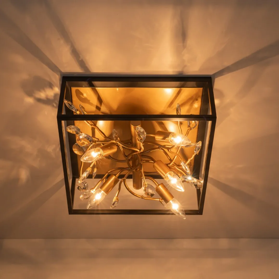 Black Brass Crystal Branch Square Lantern Flush Mount Light
