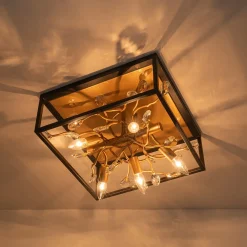 Black Brass Crystal Branch Square Lantern Flush Mount Light