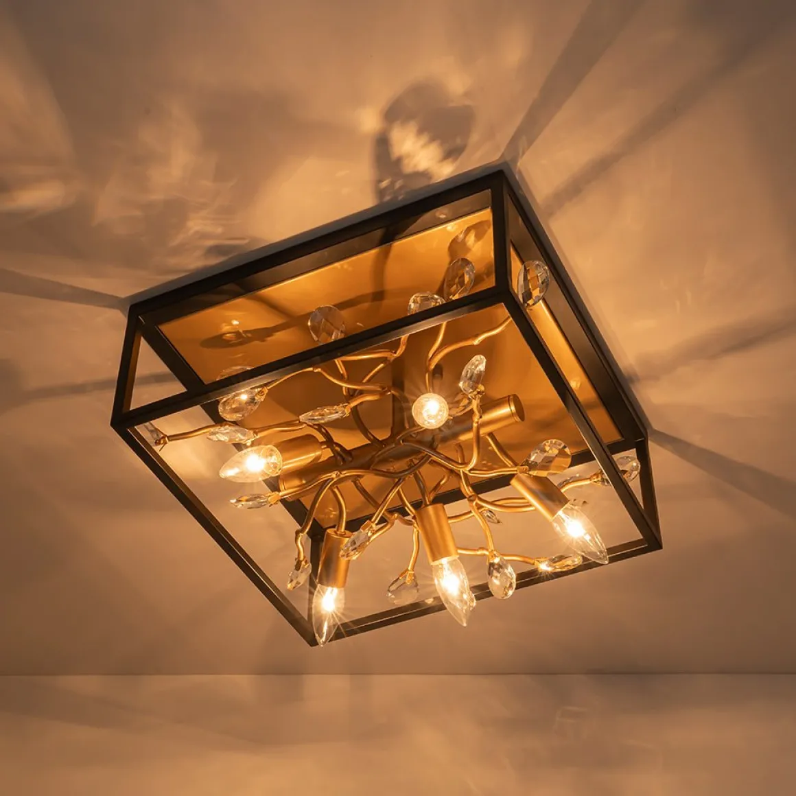 Black Brass Crystal Branch Square Lantern Flush Mount Light
