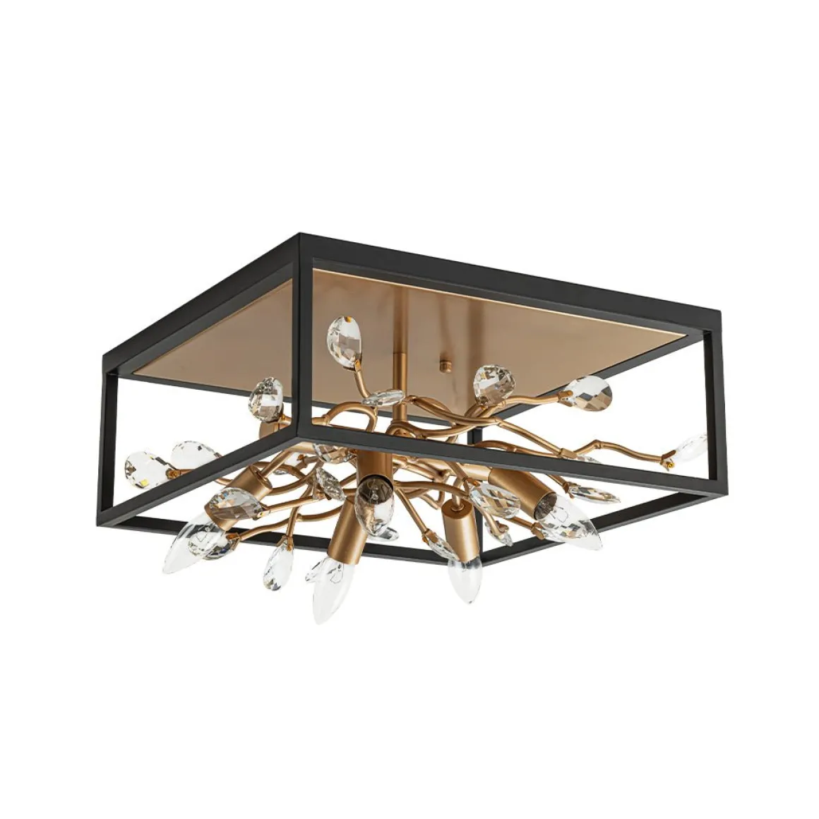 Black Brass Crystal Branch Square Lantern Flush Mount Light