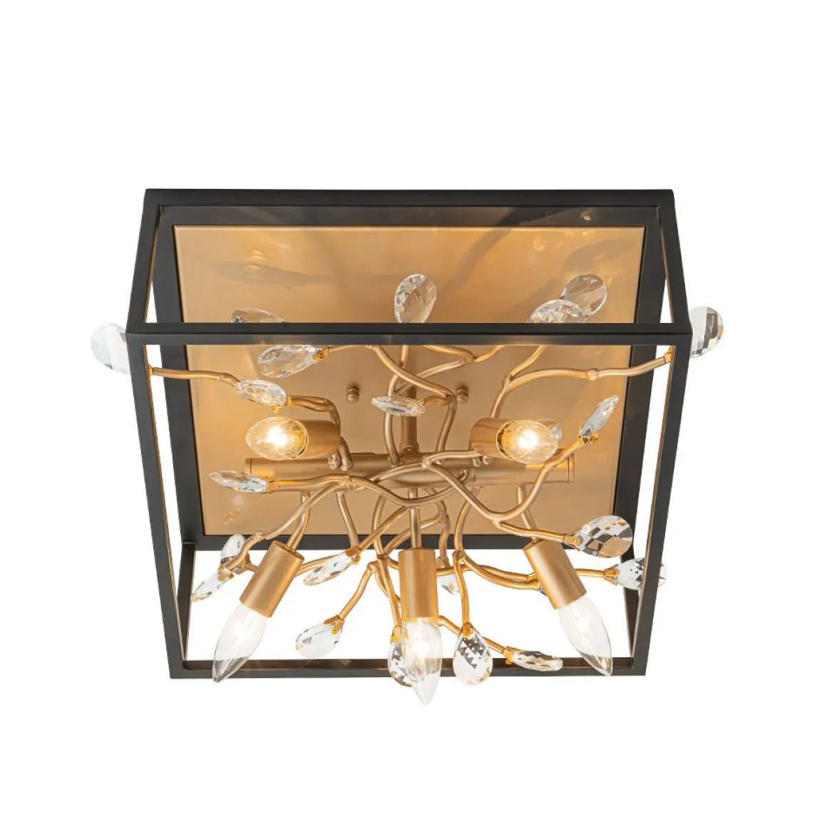 Black Brass Crystal Branch Square Lantern Flush Mount Light