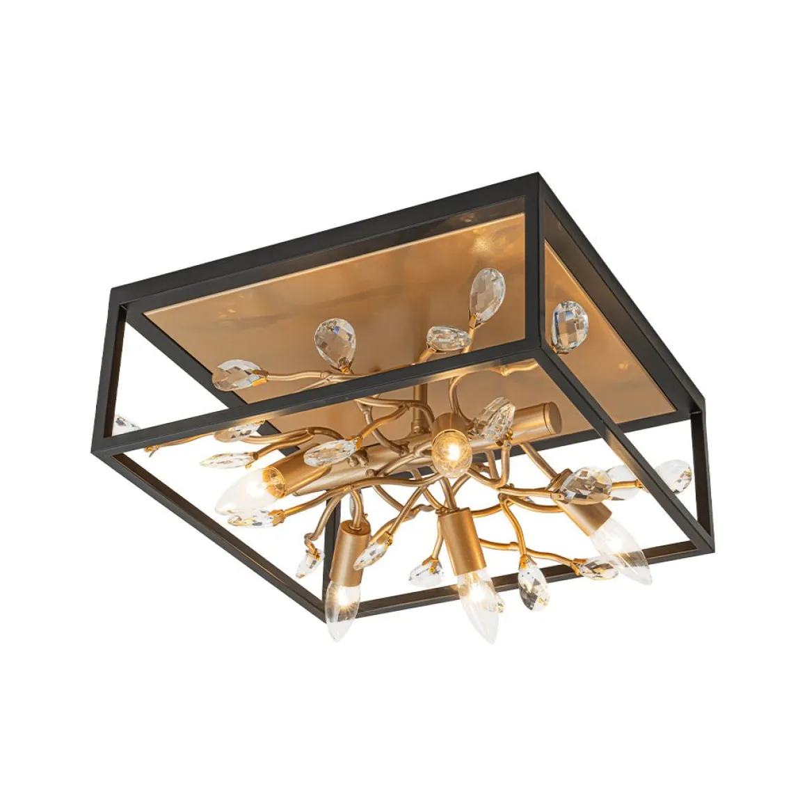 Black Brass Crystal Branch Square Lantern Flush Mount Light