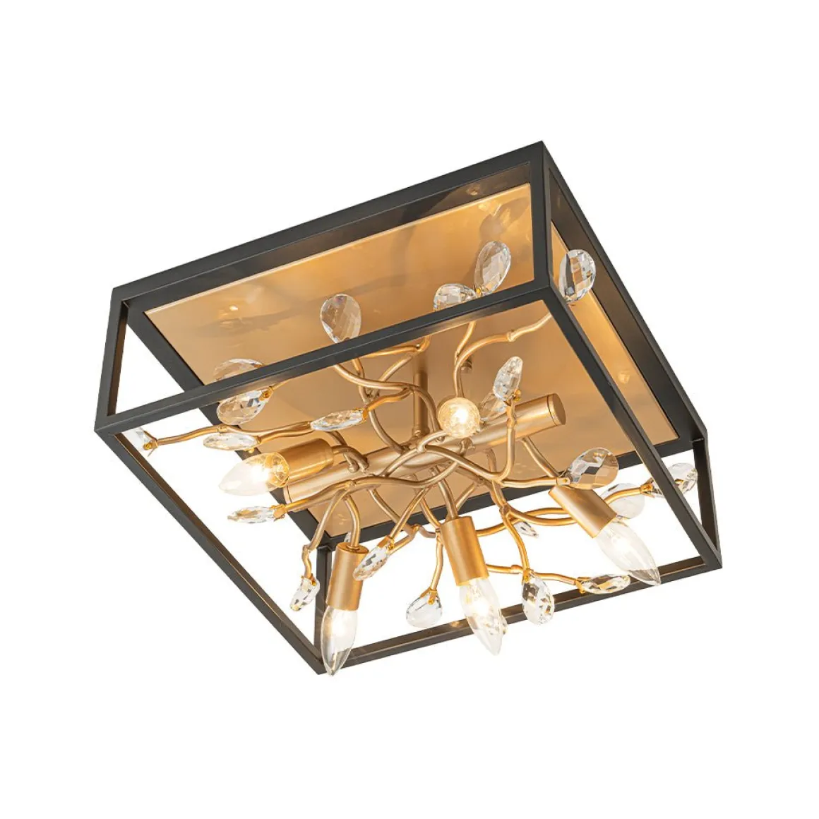 Black Brass Crystal Branch Square Lantern Flush Mount Light