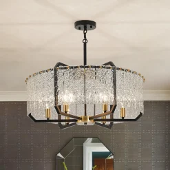 Black Brass 6-Light Rippled Glass Drum Cage Chandelier