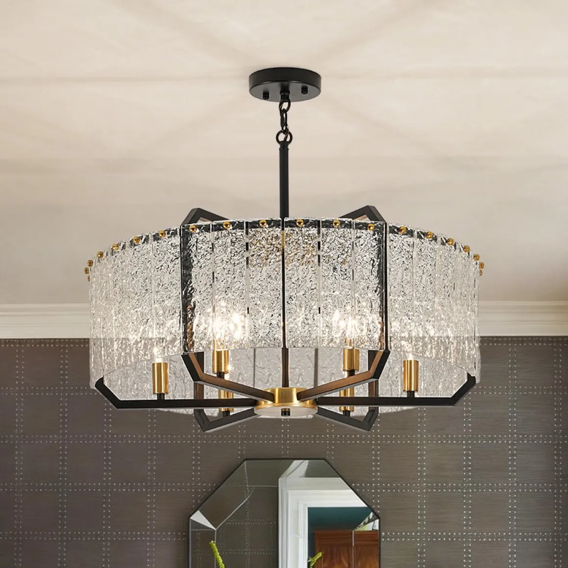 Black Brass 6-Light Rippled Glass Drum Cage Chandelier
