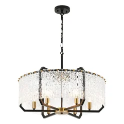 Black Brass 6-Light Rippled Glass Drum Cage Chandelier