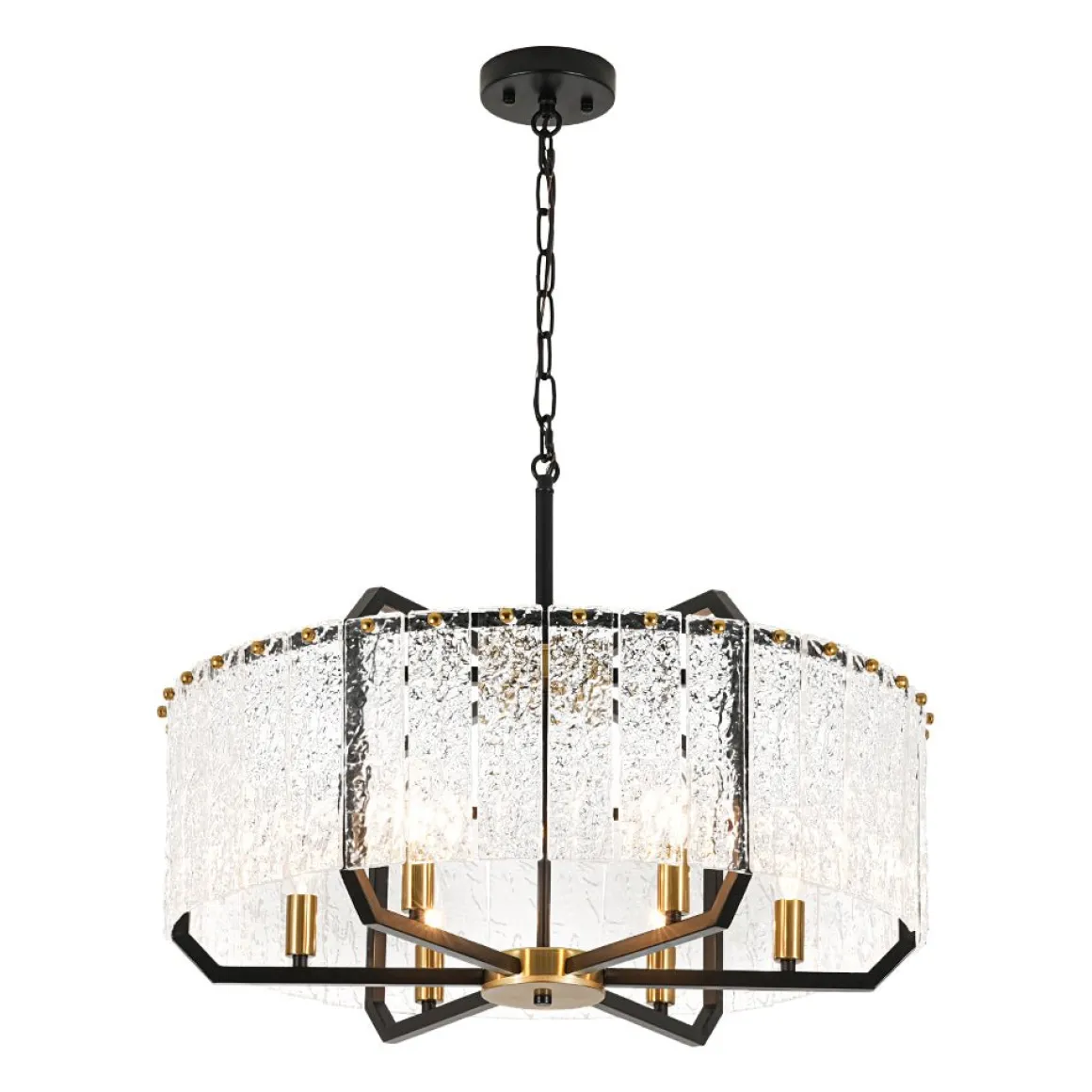 Black Brass 6-Light Rippled Glass Drum Cage Chandelier