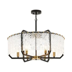 Black Brass 6-Light Rippled Glass Drum Cage Chandelier