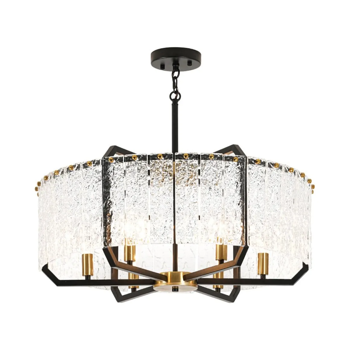 Black Brass 6-Light Rippled Glass Drum Cage Chandelier