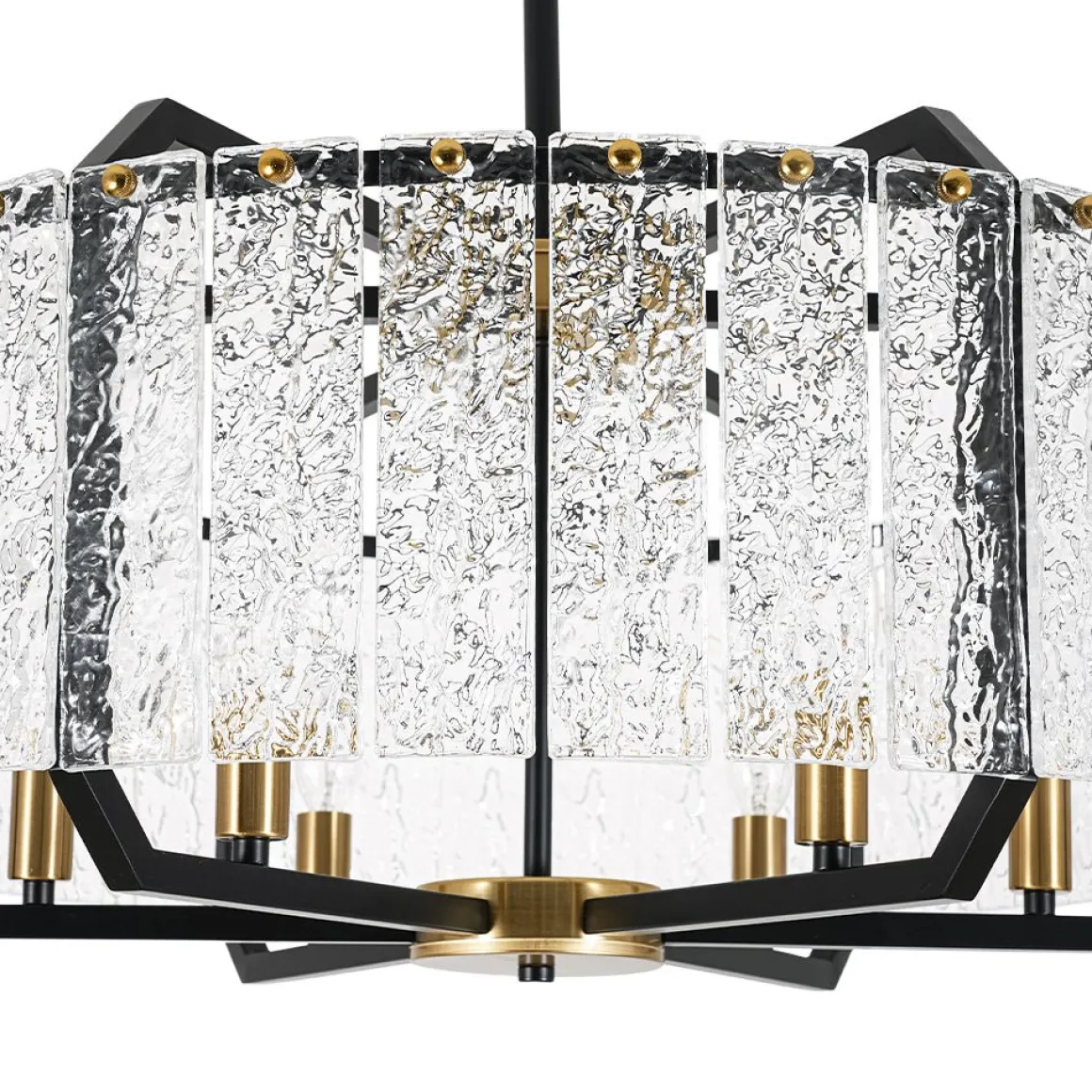 Black Brass 6-Light Rippled Glass Drum Cage Chandelier