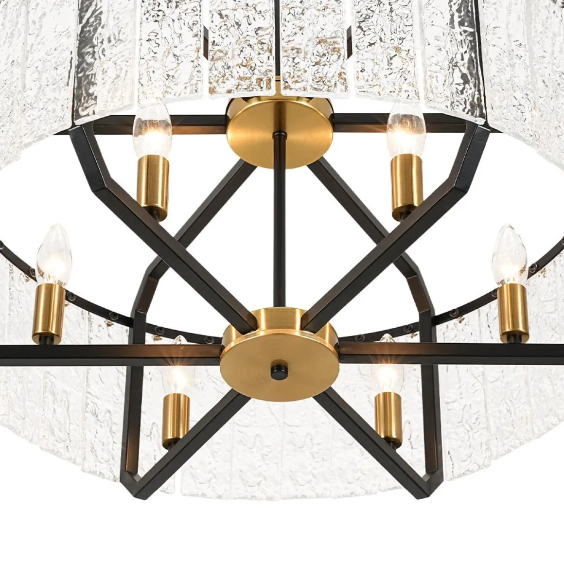Black Brass 6-Light Rippled Glass Drum Cage Chandelier