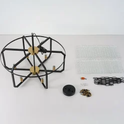 Black Brass 6-Light Rippled Glass Drum Cage Chandelier