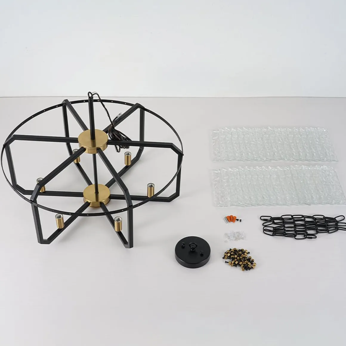 Black Brass 6-Light Rippled Glass Drum Cage Chandelier