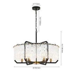 Black Brass 6-Light Rippled Glass Drum Cage Chandelier