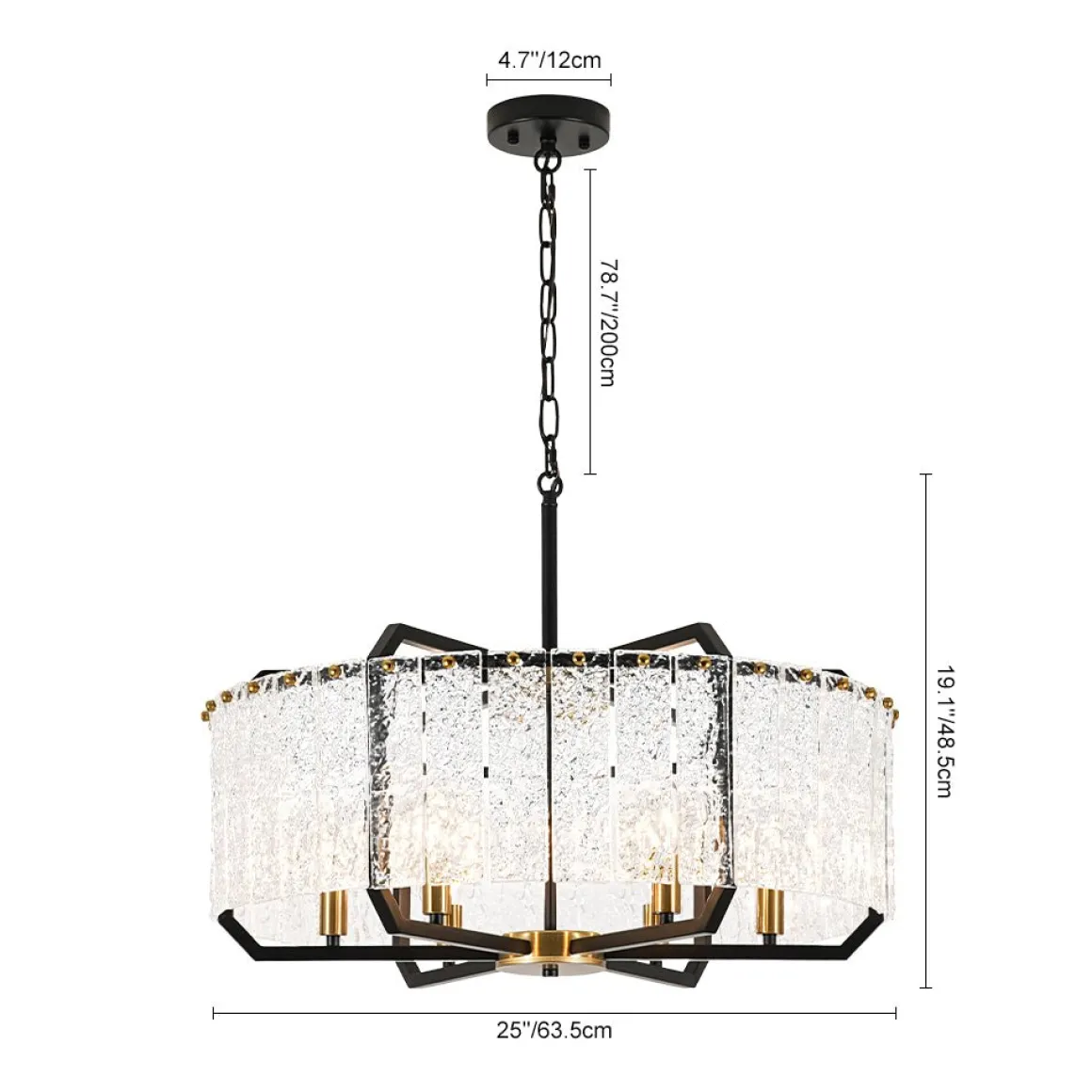 Black Brass 6-Light Rippled Glass Drum Cage Chandelier
