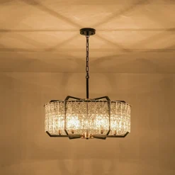 Black Brass 6-Light Rippled Glass Drum Cage Chandelier