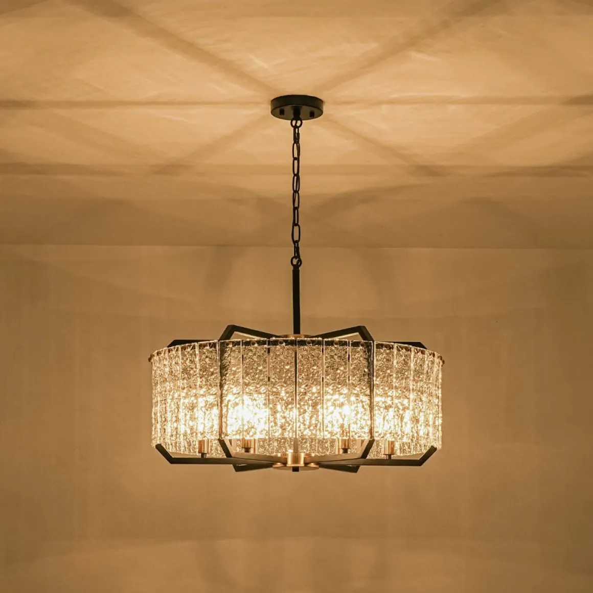 Black Brass 6-Light Rippled Glass Drum Cage Chandelier