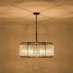 Black Brass 6-Light Rippled Glass Drum Cage Chandelier