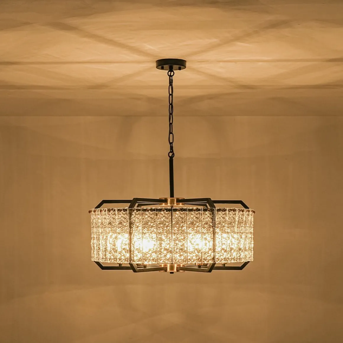 Black Brass 6-Light Rippled Glass Drum Cage Chandelier