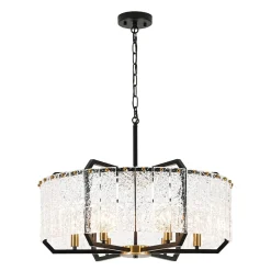 Black Brass 6-Light Rippled Glass Drum Cage Chandelier