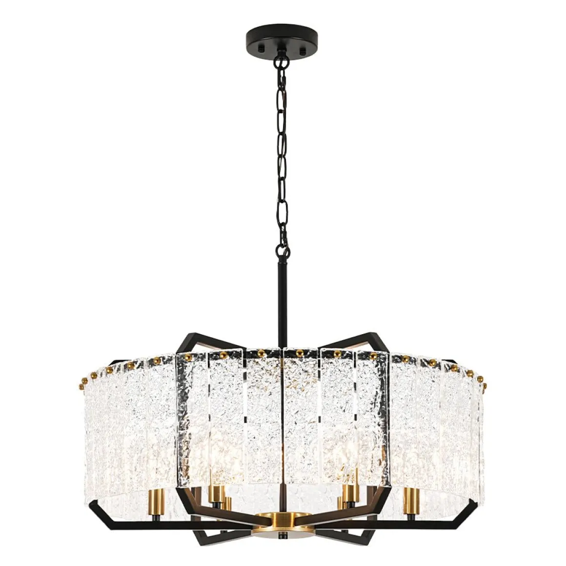 Black Brass 6-Light Rippled Glass Drum Cage Chandelier