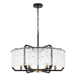 Black Brass 6-Light Rippled Glass Drum Cage Chandelier